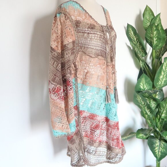 Soft Surroundings Multicolor Turquoise Red Crochet Tassel Boho Tunic Top Size L - Picture 6 of 16